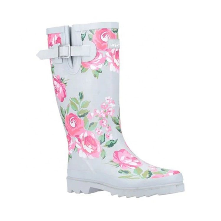 Fashion Adult All Season Flower Printed Rubber Wellies Wellington Waterproof Rain Boots For Women