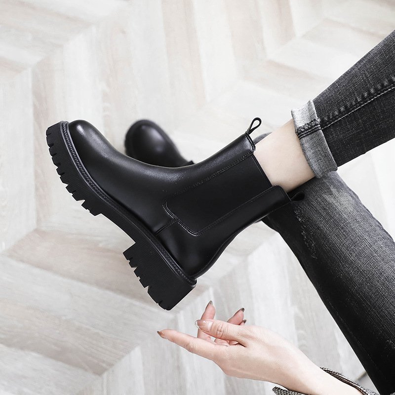 Booties2022 Summer thin, thick-soled smoke booties for Women Boots winter new round toe chunky heel leather boots