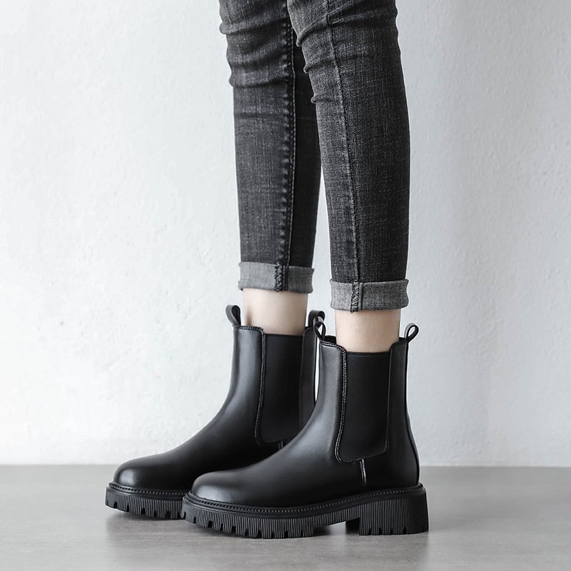 Booties2022 Summer thin, thick-soled smoke booties for Women Boots winter new round toe chunky heel leather boots