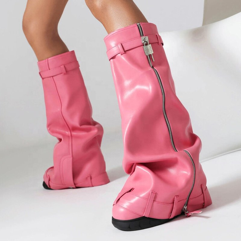 Women Round Toe Overlay Shoes Lady Lock Shark Booties Cowgirls Zipper Thick Soles Knee High Boots Wide Fit Big Size 48 PU ZIP