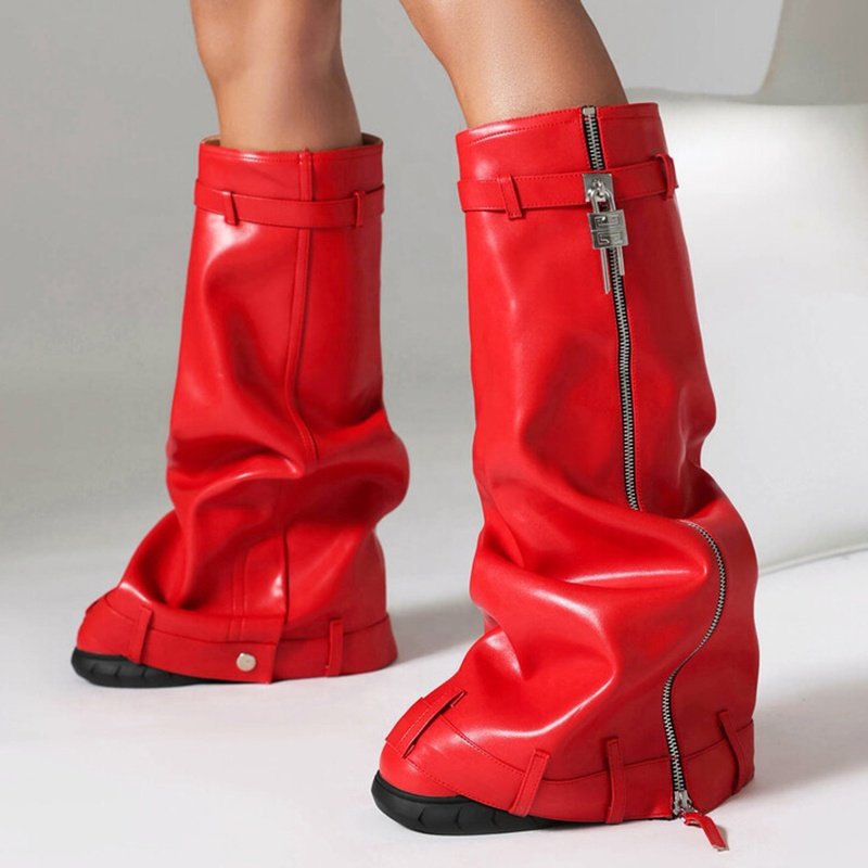 Women Round Toe Overlay Shoes Lady Lock Shark Booties Cowgirls Zipper Thick Soles Knee High Boots Wide Fit Big Size 48 PU ZIP