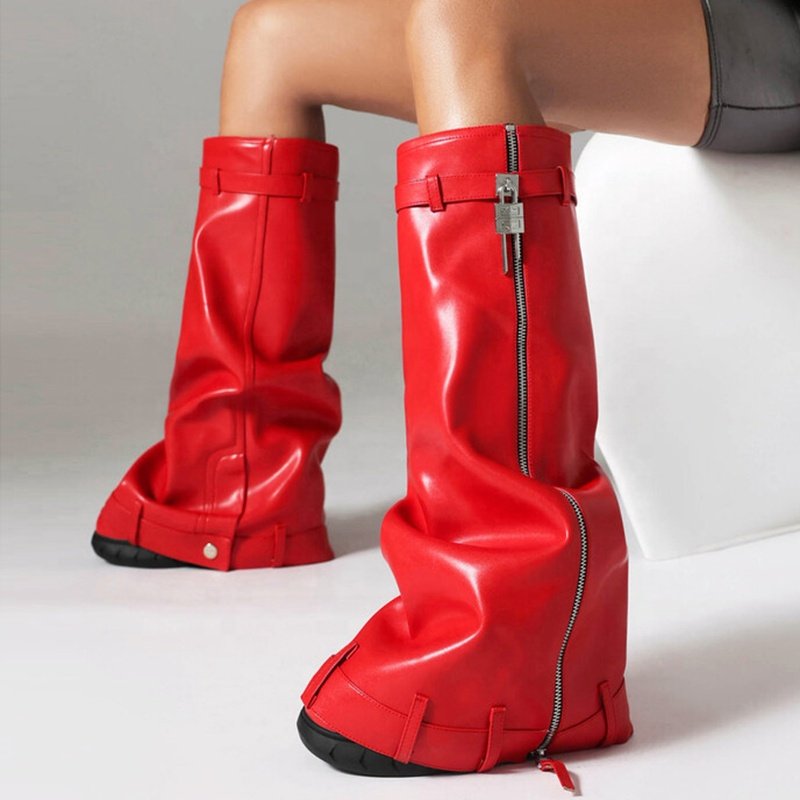 Women Round Toe Overlay Shoes Lady Lock Shark Booties Cowgirls Zipper Thick Soles Knee High Boots Wide Fit Big Size 48 PU ZIP