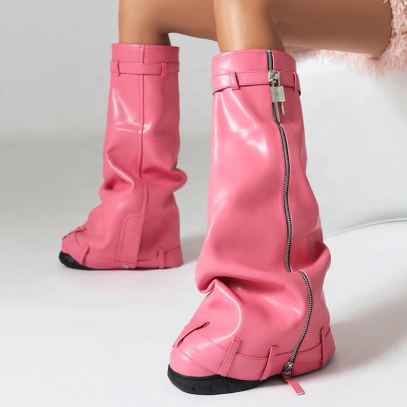 Women Round Toe Overlay Shoes Lady Lock Shark Booties Cowgirls Zipper Thick Soles Knee High Boots Wide Fit Big Size 48 PU ZIP