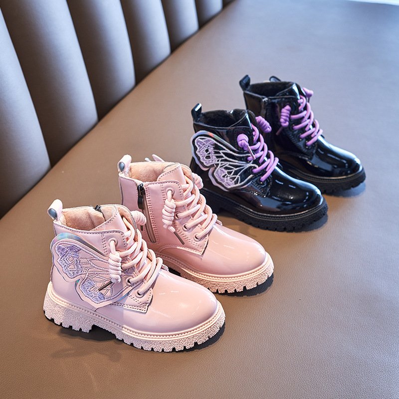New Fashion Children Boot Spring Autumn Patent Leather Toddler Solid Color Kid Shoe Warm Non Slip Boots Butterfly Outdoor