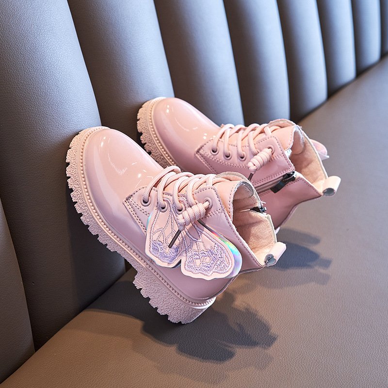 New Fashion Children Boot Spring Autumn Patent Leather Toddler Solid Color Kid Shoe Warm Non Slip Boots Butterfly Outdoor