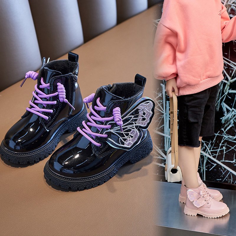 New Fashion Children Boot Spring Autumn Patent Leather Toddler Solid Color Kid Shoe Warm Non Slip Boots Butterfly Outdoor