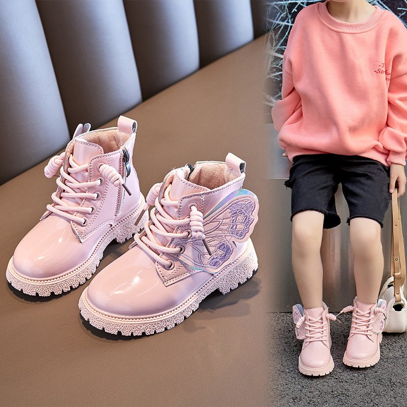 New Fashion Children Boot Spring Autumn Patent Leather Toddler Solid Color Kid Shoe Warm Non Slip Boots Butterfly Outdoor
