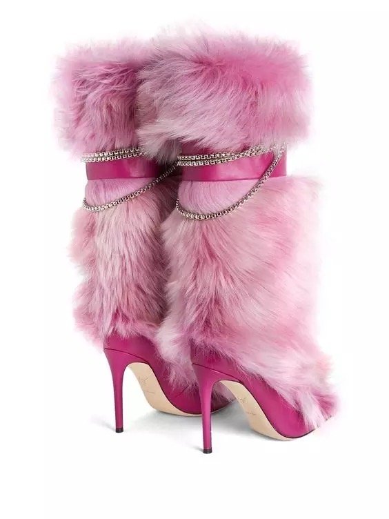 Winter Furry Botas Para Mujer Pointy Toe Chain Fashion Pink Rosy Fur Women Boots