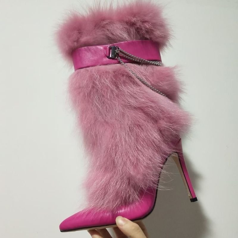 Winter Furry Botas Para Mujer Pointy Toe Chain Fashion Pink Rosy Fur Women Boots