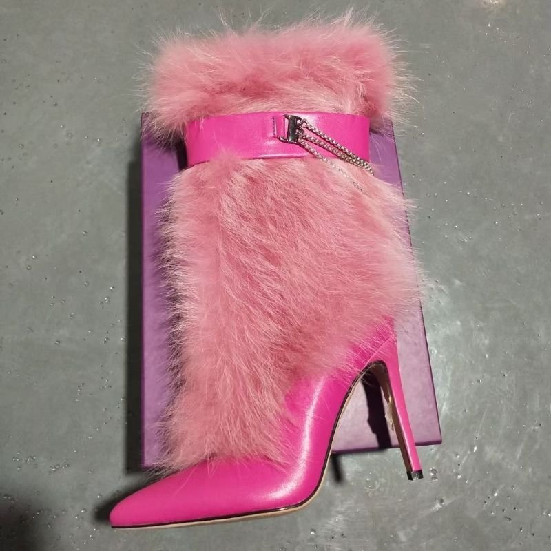Winter Furry Botas Para Mujer Pointy Toe Chain Fashion Pink Rosy Fur Women Boots