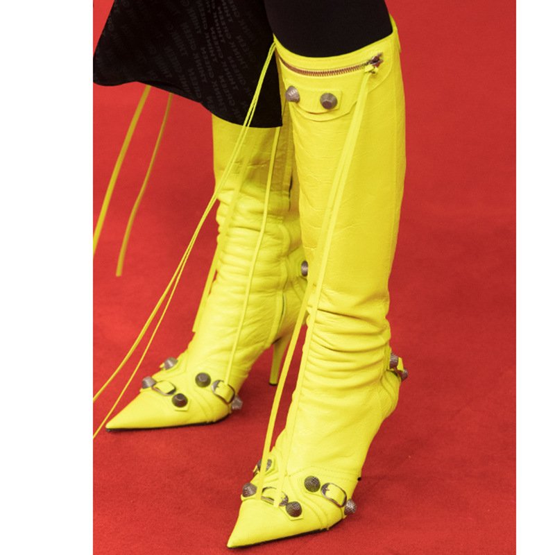 2022 pointed toe stiletto side opening zipper boots rivet buckle large size knee boots knee high heel boots