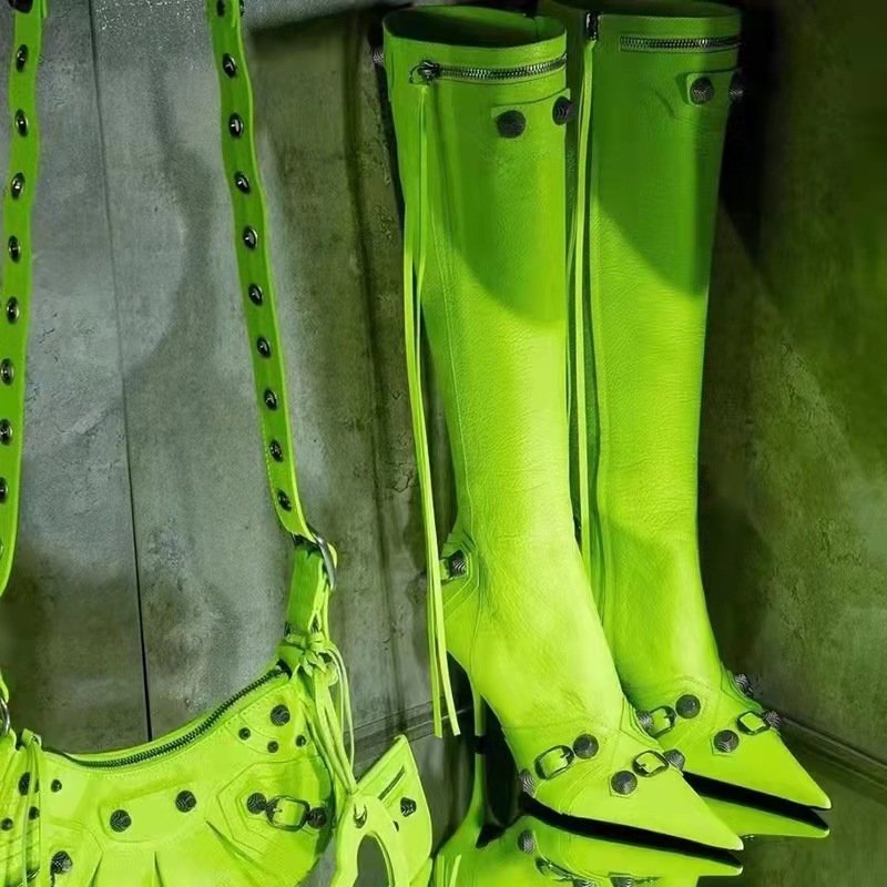2022 pointed toe stiletto side opening zipper boots rivet buckle large size knee boots knee high heel boots