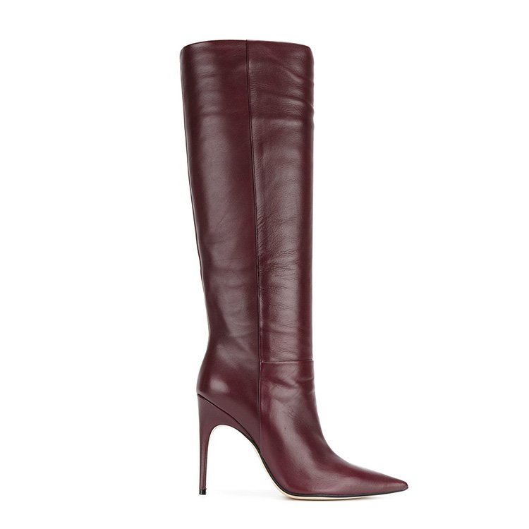 Wholesale leather dark red 10cm thin high heel pointed toe dressy winter long women boots shoes