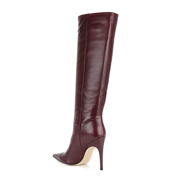 Wholesale leather dark red 10cm thin high heel pointed toe dressy winter long women boots shoes