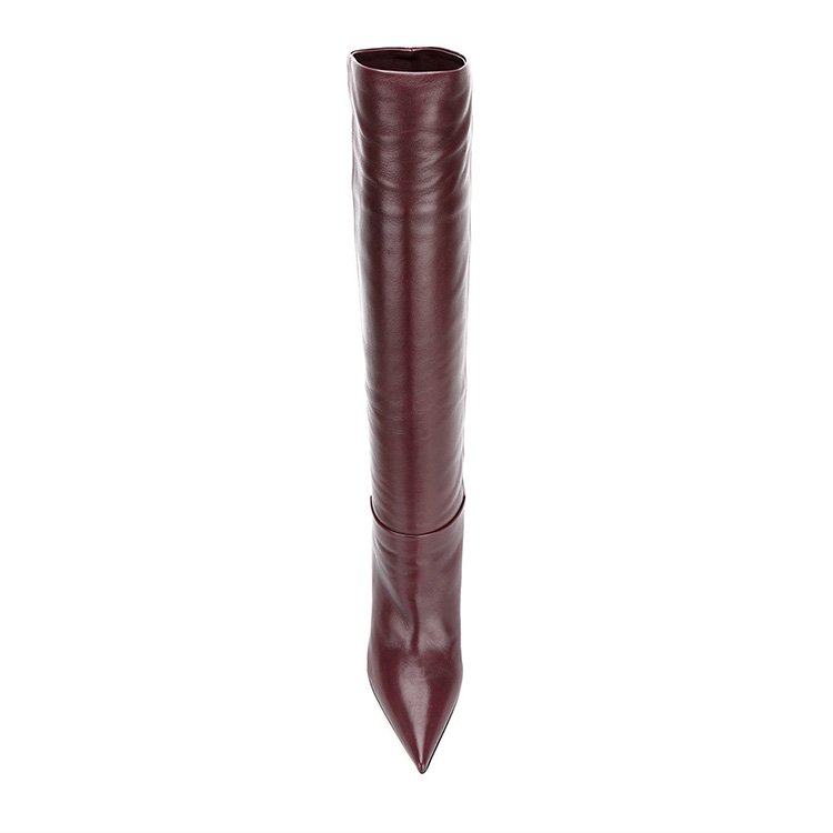 Wholesale leather dark red 10cm thin high heel pointed toe dressy winter long women boots shoes