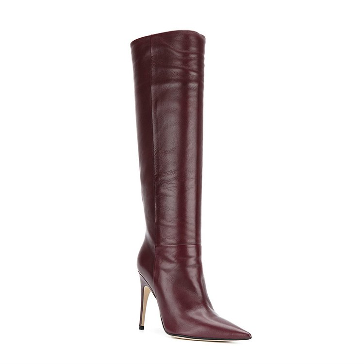 Wholesale leather dark red 10cm thin high heel pointed toe dressy winter long women boots shoes