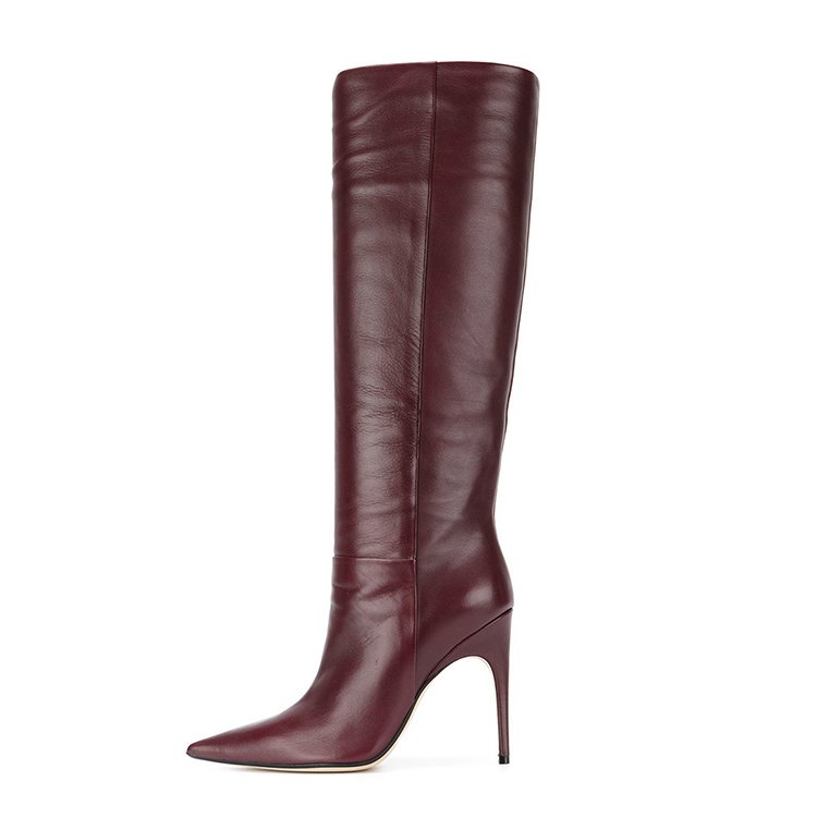 Wholesale leather dark red 10cm thin high heel pointed toe dressy winter long women boots shoes