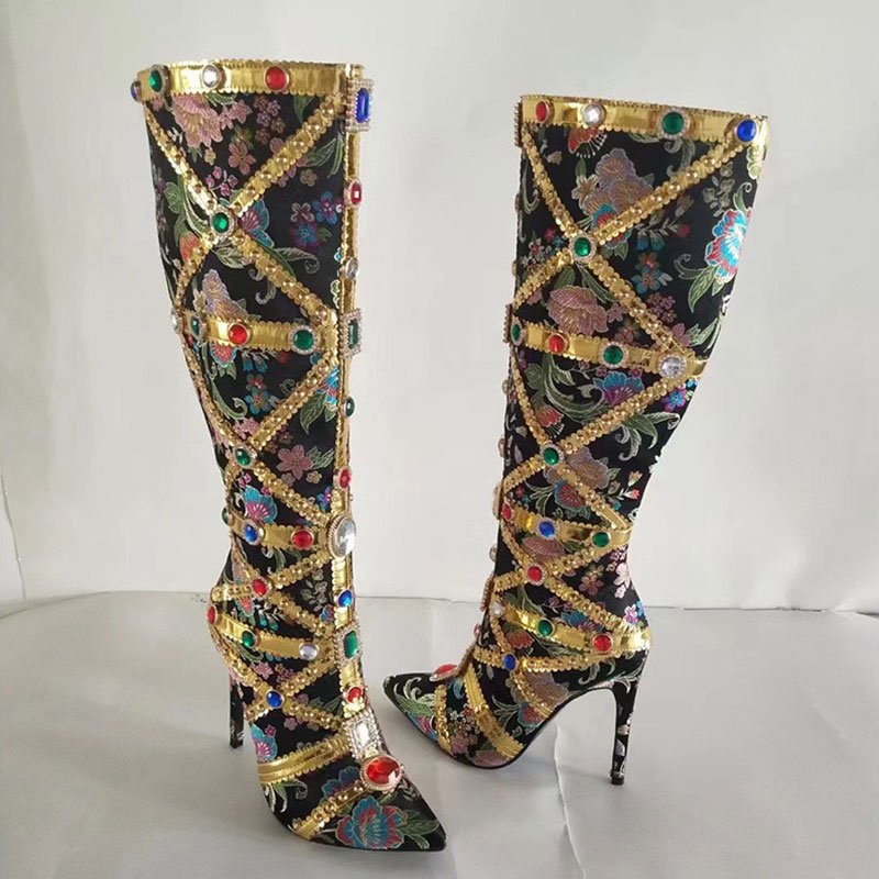 Colorful Diamonds Women's Knee High Print Boots Pointed Toe Metal Decor Glitter Long Booties Embroidered Slip On Stiletto Heels