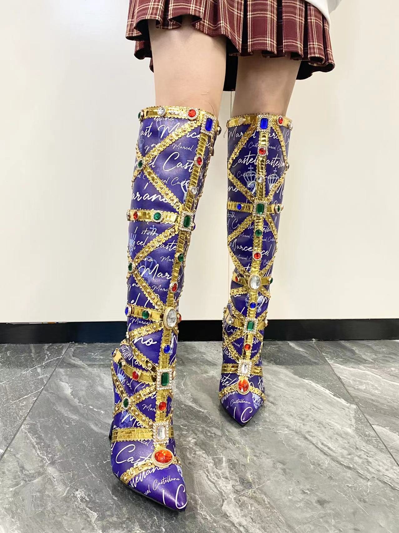 Colorful Diamonds Women's Knee High Print Boots Pointed Toe Metal Decor Glitter Long Booties Embroidered Slip On Stiletto Heels