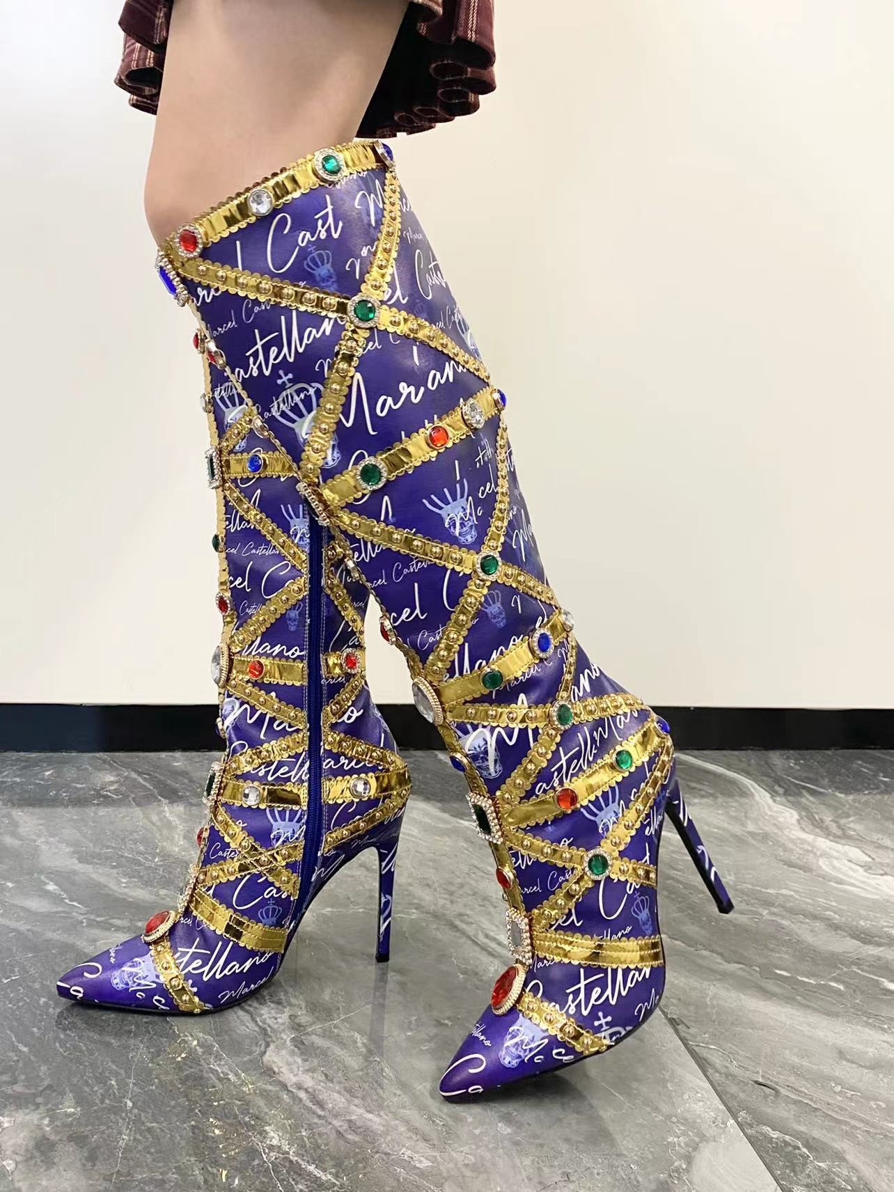 Colorful Diamonds Women's Knee High Print Boots Pointed Toe Metal Decor Glitter Long Booties Embroidered Slip On Stiletto Heels