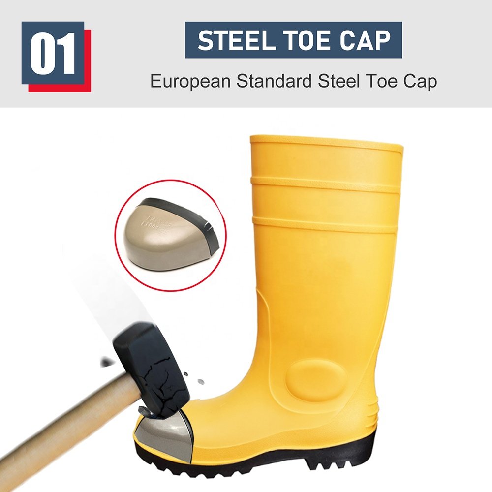 CE verified waterproof oil acid alkali resistant safety rain boots steel toe prevent puncture yellow pvc safety rain gumboots