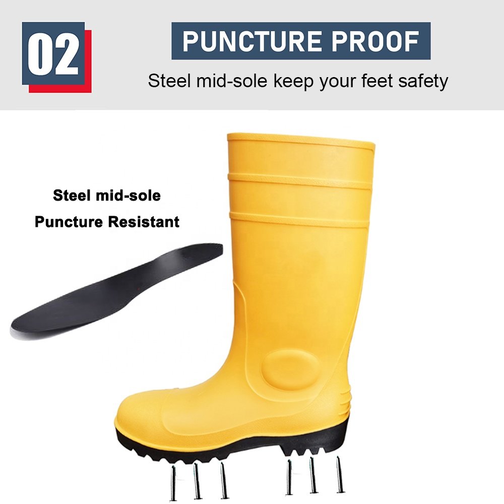 CE verified waterproof oil acid alkali resistant safety rain boots steel toe prevent puncture yellow pvc safety rain gumboots