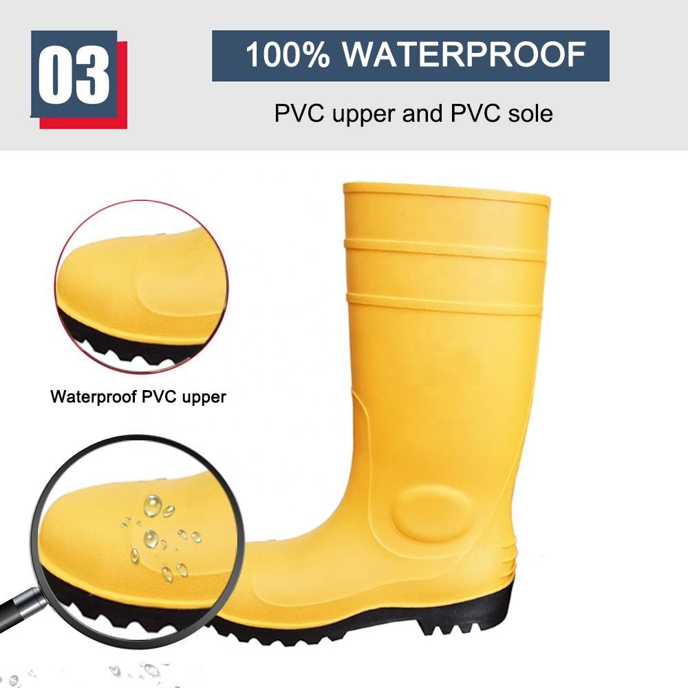 CE verified waterproof oil acid alkali resistant safety rain boots steel toe prevent puncture yellow pvc safety rain gumboots