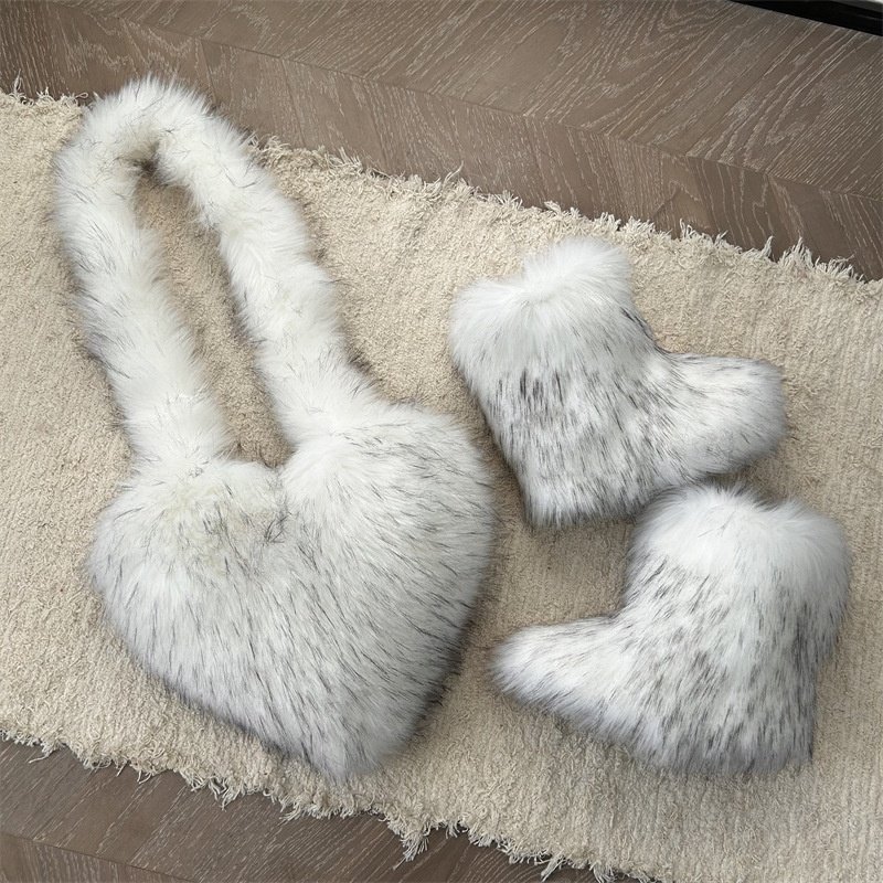 BUSY GIRL RS4984 Shoes and Bag Set Winter Knee High Boots Women Mongolian Plush Faux Fur Heart Crossbody Bag Women Snow Boots