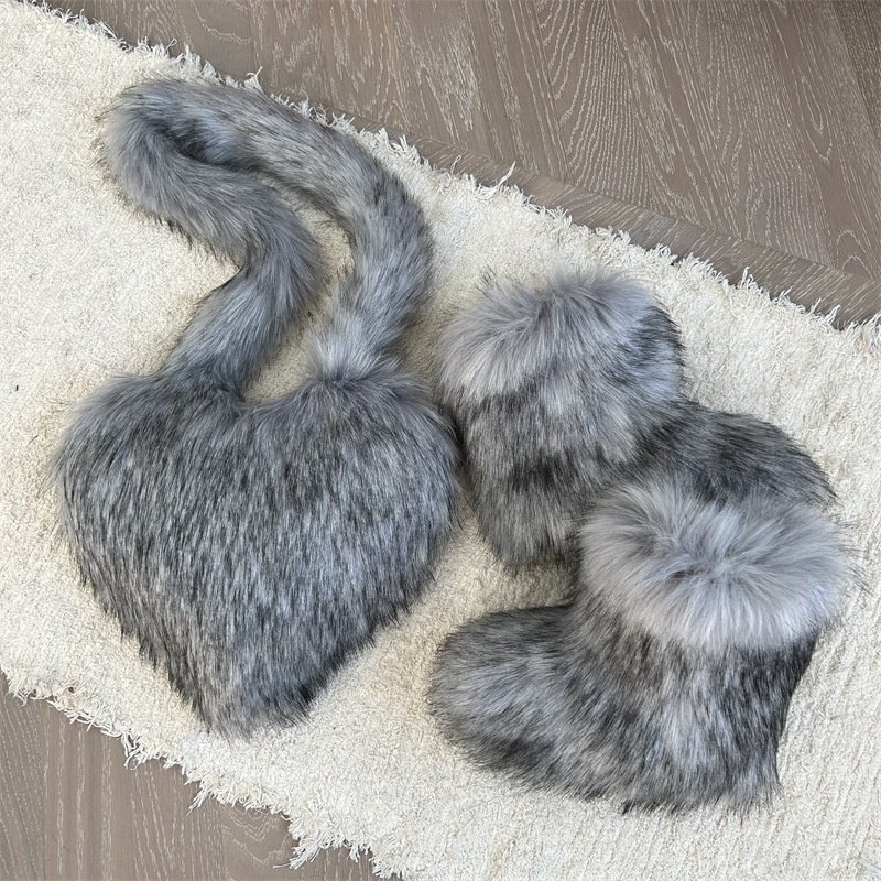 BUSY GIRL RS4984 Shoes and Bag Set Winter Knee High Boots Women Mongolian Plush Faux Fur Heart Crossbody Bag Women Snow Boots