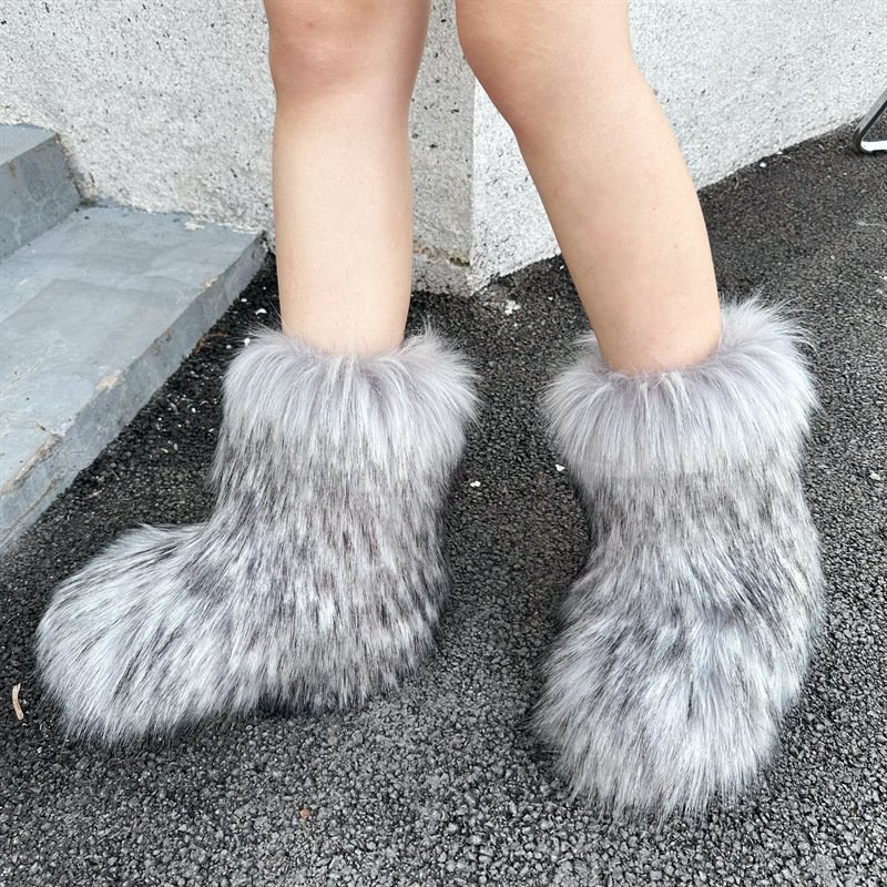 BUSY GIRL RS4984 Shoes and Bag Set Winter Knee High Boots Women Mongolian Plush Faux Fur Heart Crossbody Bag Women Snow Boots