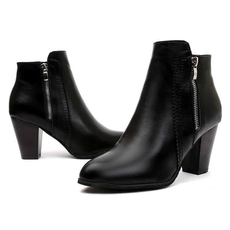 2023 new Factory PriceFashionable brown black Matte leather Ladies Chunky Heel Ankle Boots With Zip Design