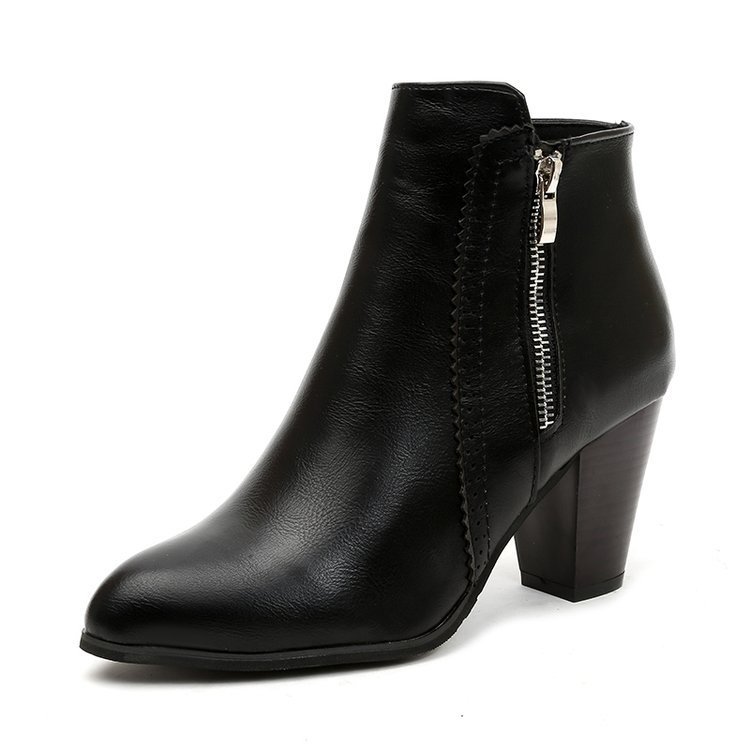 2023 new Factory PriceFashionable brown black Matte leather Ladies Chunky Heel Ankle Boots With Zip Design