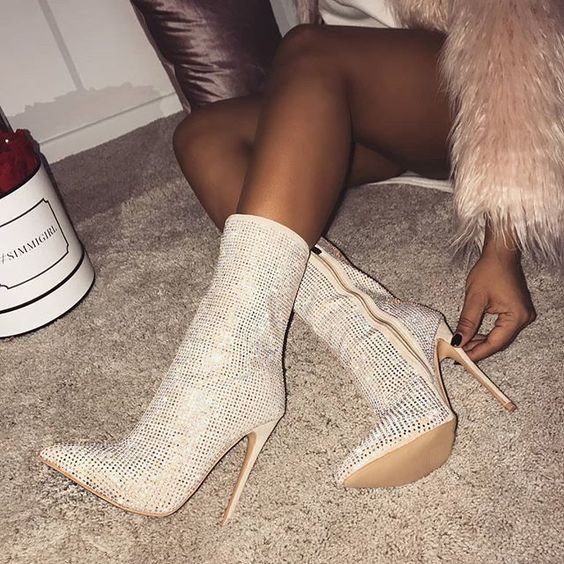 lady autumn and winter sexy boots pointed toe rhinestone high heel bling ankle boots
