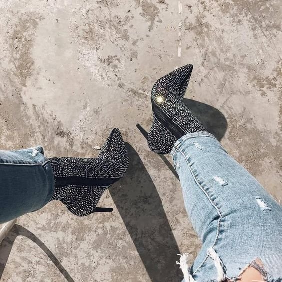 lady autumn and winter sexy boots pointed toe rhinestone high heel bling ankle boots