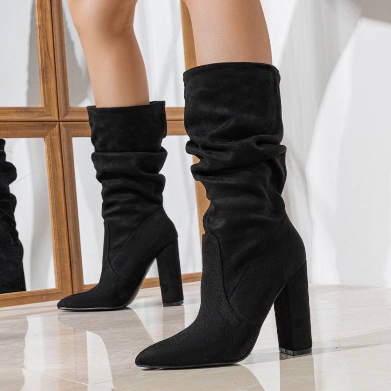 Hot Product Botines Dama Wrinkle Trendy Chunky Heel Shoes Suede Leather Women Boots