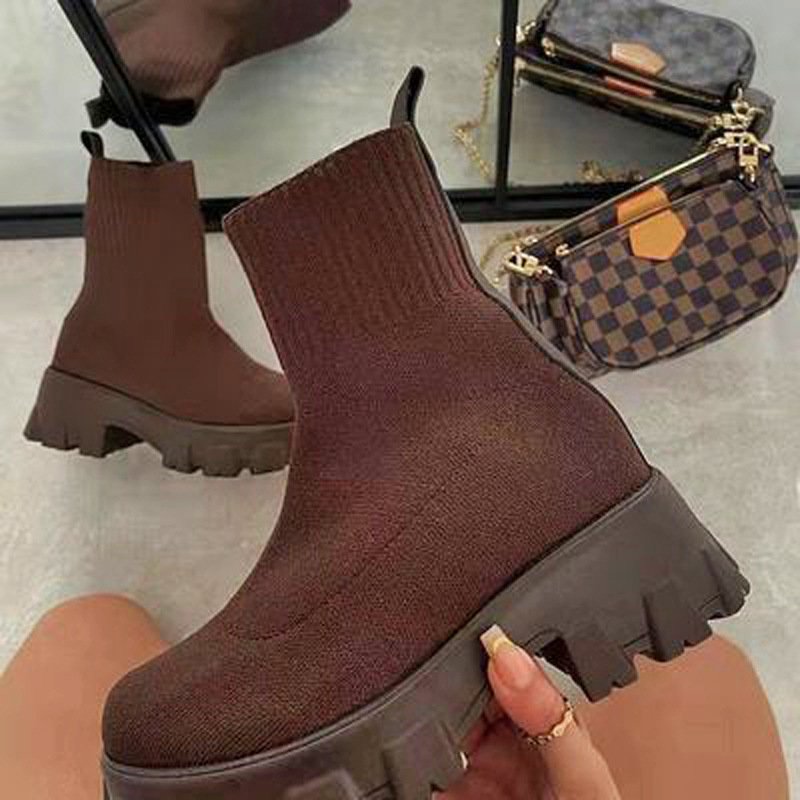 Fall&winter Calf Length Boots Fashionable Casual Trendy Shoes Mid Calf Boots Knitted Women Shoes with Thick Bottom