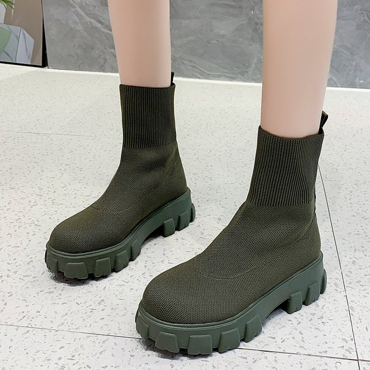 Fall&winter Calf Length Boots Fashionable Casual Trendy Shoes Mid Calf Boots Knitted Women Shoes with Thick Bottom