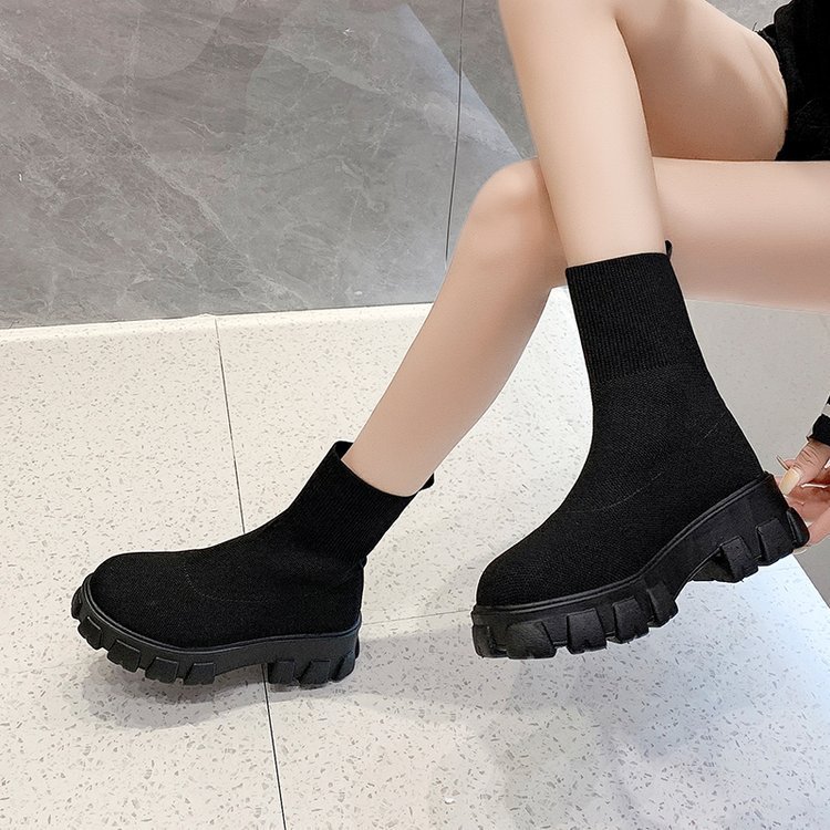 Fall&winter Calf Length Boots Fashionable Casual Trendy Shoes Mid Calf Boots Knitted Women Shoes with Thick Bottom