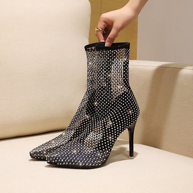 Custom women sexy fashion high heel shoes rhinestone Wishbone stocking women ankle boots Custom Shiny Mesh Ankle Boots Heels