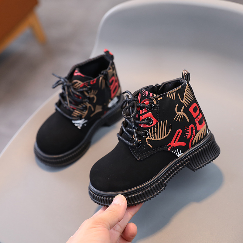 Flat Shoes for Kids Cheap Wholesale Fashion Print Zipper Winter Boots for Children Boys Western Girls Black Platform Ankle Boots