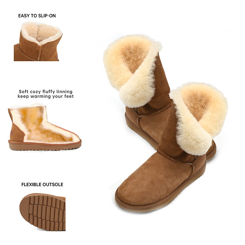 Sheepskin Women's Winter Ankle Boot Faux Fur Round Toe Split Collar Lugged Sole Bootie