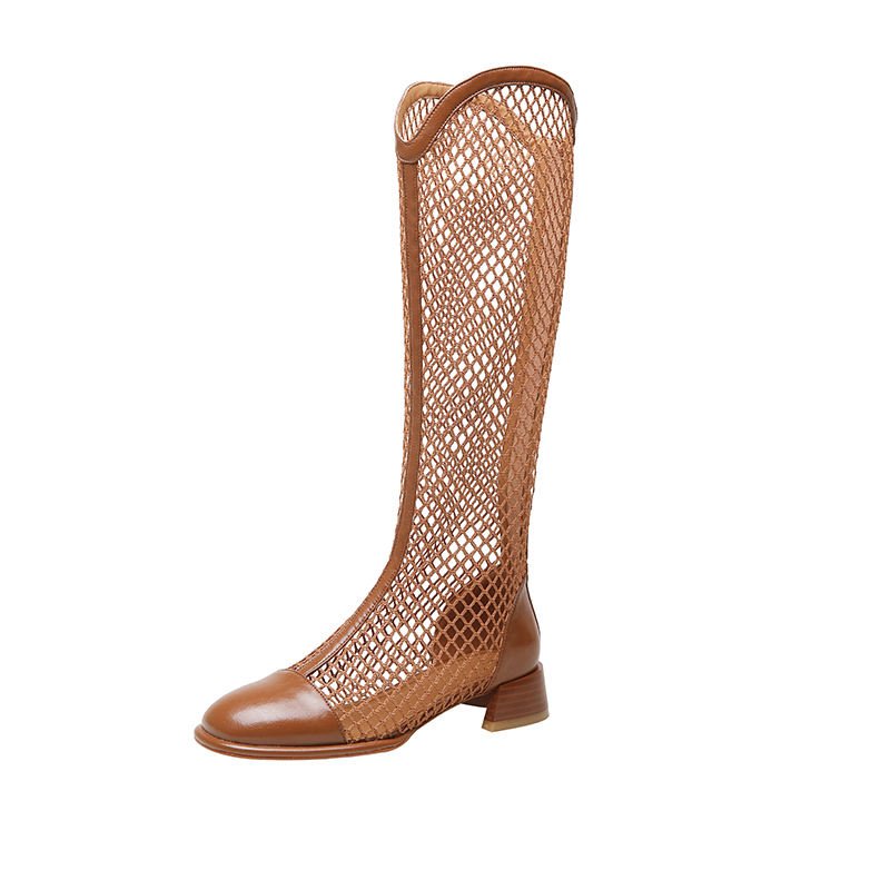 ODM/OEM all seasons women's round toe fashion mesh low heel knee high boots women custom mesh sexy tight high boots women