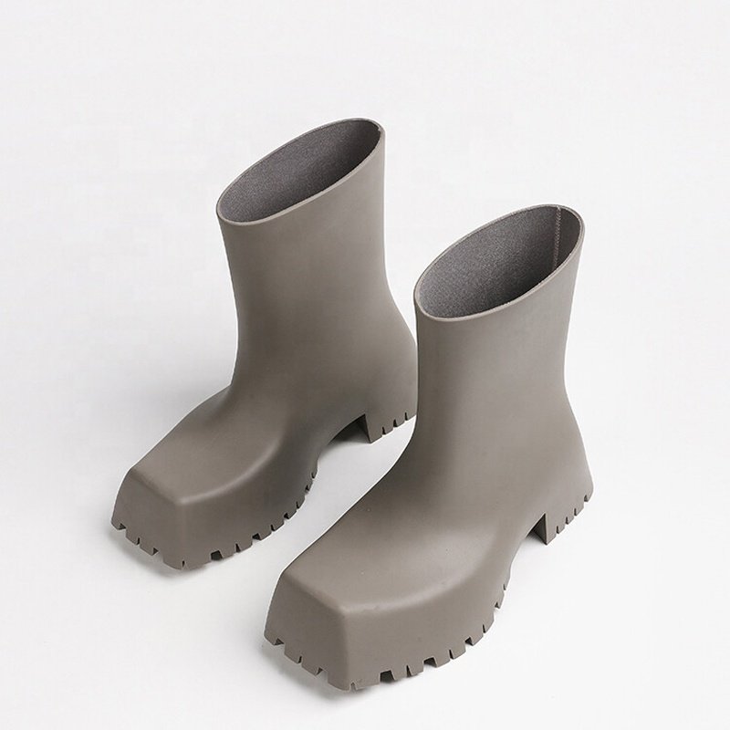 Hot Design Women Short Rain Boots Solid Slip on Flat Girl's Ankle Booties Square toe Anti-slip Sole Ladies Shoes