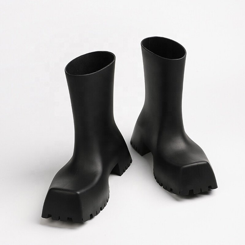 Hot Design Women Short Rain Boots Solid Slip on Flat Girl's Ankle Booties Square toe Anti-slip Sole Ladies Shoes