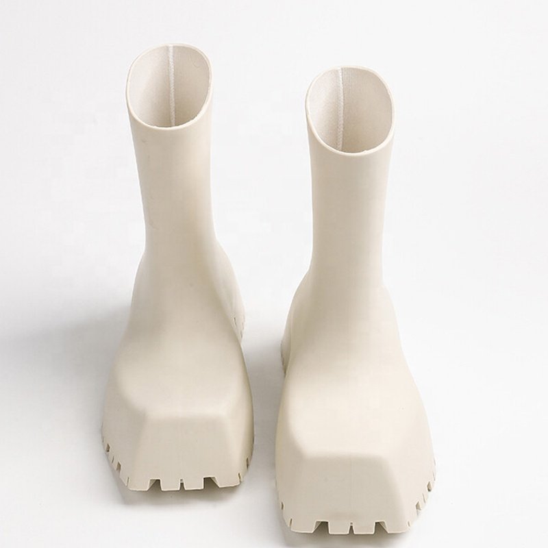Hot Design Women Short Rain Boots Solid Slip on Flat Girl's Ankle Booties Square toe Anti-slip Sole Ladies Shoes