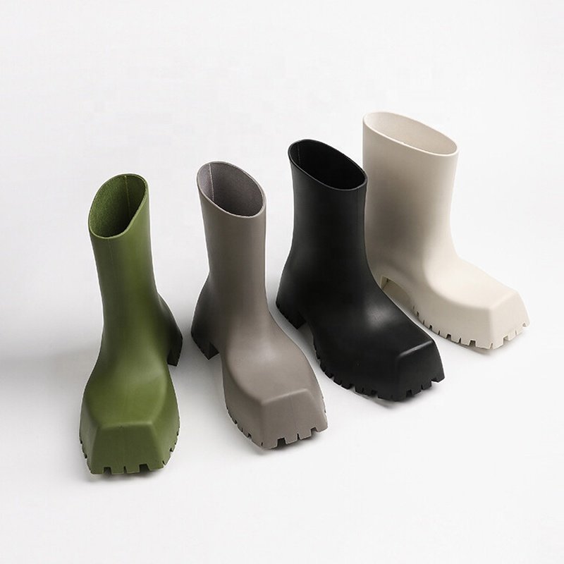 Hot Design Women Short Rain Boots Solid Slip on Flat Girl's Ankle Booties Square toe Anti-slip Sole Ladies Shoes