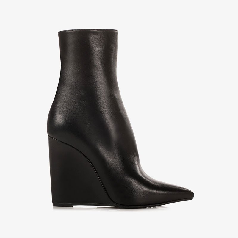 Xinzirain Custom Trendy Female Short Boots Luxury Design Point Toe Black Leather Chunky Wedge Heel Women Ankle Boots