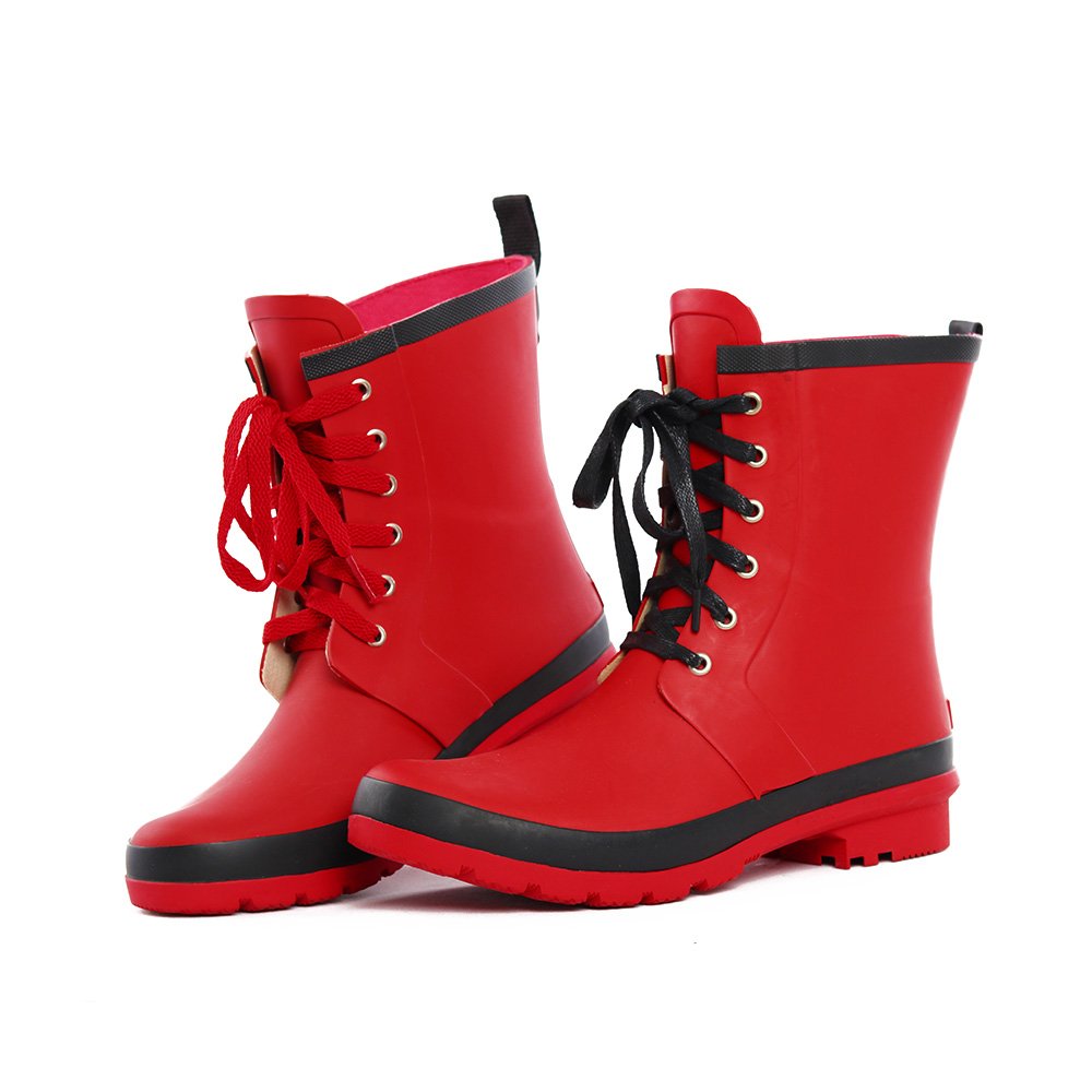 Comfortable Designer boots Woman Red Lace-up Rubber Rain Boots
