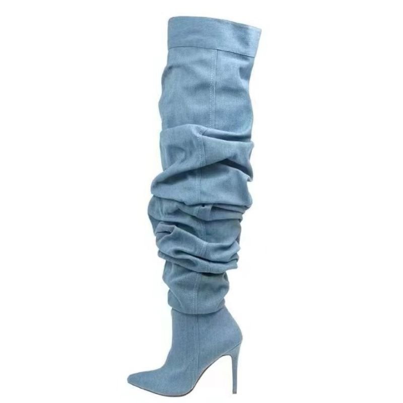 Denim Sepatu Wanita Platform Botas Altas Western Fashion Over Knee Thigh HIgh 2024 Fall Boots