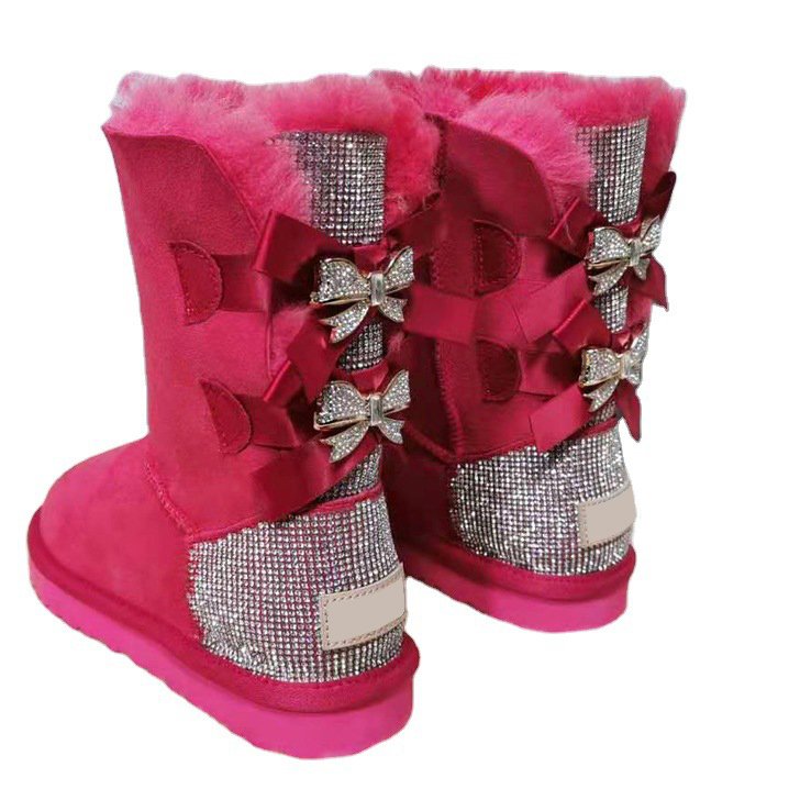 2023 factory new fashion girls Customized Logo Diamond Shinning Warm Winter Women's Medium Snow Boots Sheepskin Boots With Bow